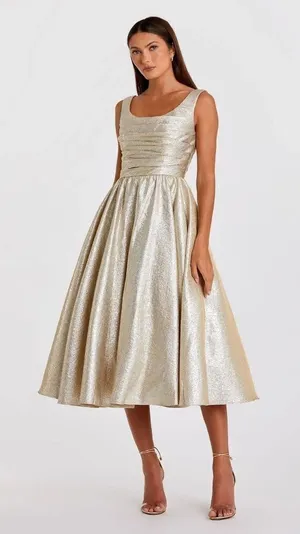 MAC DUGGAL Size 6 Gold Square Neck Pleated Sleeveless Midi Cocktail Dress Gown thumbnail 1