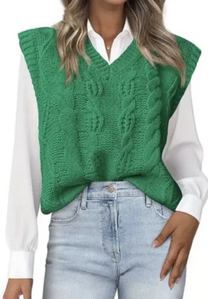 Sweater Vest Oversized V Neck Cable Knit Casual Pullover Green Women’s S thumbnail 1