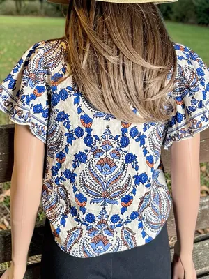 Max Studio Boho Paisley Tie Front Blouse M Blue Cream Coastal Top Anthro-Style thumbnail 8