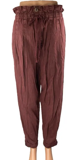Free People Margate Maroon Brown High Waisted Tapered Paperbag Trousers Pants M thumbnail 1