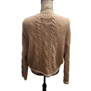 American Eagle Womens Sweater Cable Knit Crewneck Tan Cream Striped M‎ thumbnail 2