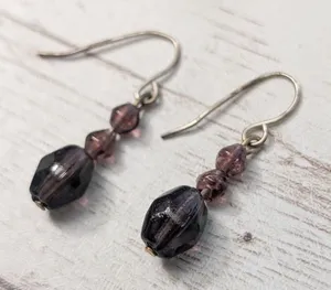Vintage Earrings For Pierced Ears Dark Purple Beads thumbnail 1