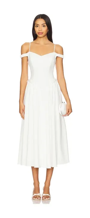 ASTR the Label Elvinia Dress White Off Shoulder Midi Pleated Bridal Bows thumbnail 1