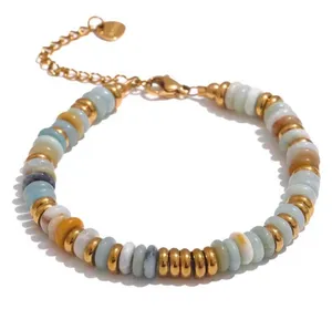 Gold and turquoise beaded bracelet handmade natural stones thumbnail 1