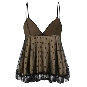 Cider NWT Sexy Floral Lace V Neck Ruffle Cami Stretch Top Adjustable Strap M Black Tan thumbnail 13