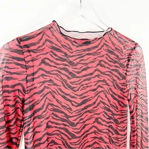 NEW Zara Sheer Animal Print‎ Mesh Top Women's S Red Long Sleeve Y2K thumbnail 4