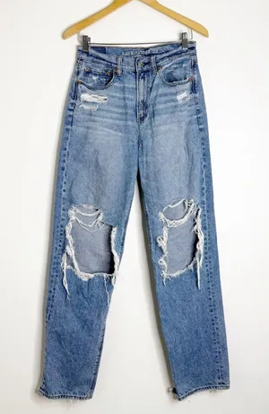 American Eagle Highest Rise Baggy Straight Jeans Distressed 4 Regular thumbnail 1