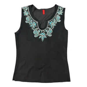 Team Athletics Beaded Paisley Tank Top Womens Medium Black Turquoise Sleeveless Split Neck thumbnail 9