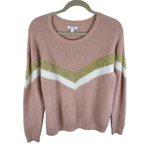 Nine West Womens Pink Ribbed Chevron Sweater Gold Metallic Stripe Cozy Size L thumbnail 2