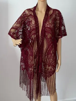 Emerette Burgundy / Wine Colored Lace Short Sleeved Kimono Size Small thumbnail 1
