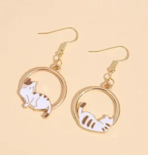 NEW Cat dangle drop hoop earrings, white and gold cat earrings, cat jewelry, cat lover gift thumbnail 3