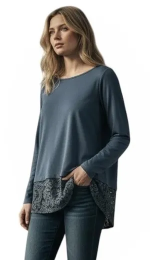 Ann Taylor Shirt Womens Medium Blue Lace Hem Boat Neck Tunic Long Sleeve Top thumbnail 1