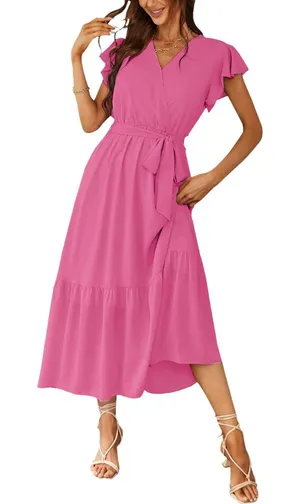 PrettyGarden Flutter Sleeve Wrap Midi Dress Pink‎ Solid Casual Boho Size XXL thumbnail 1