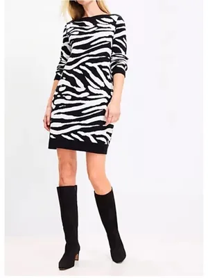 LOFT Zebra Print Sweater Dress Black White Boat Neck Long Sleeve Small NEW thumbnail 2