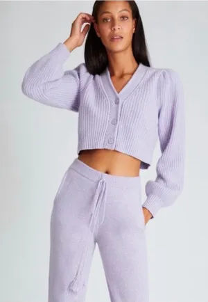 LoveShackFancy Cardigan Women XS Lavender Good Wool Cashmere Cropped Ribbed Puff thumbnail 1
