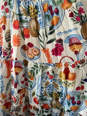 White Red Fruit Novelty Print Smocked Tiered Midi Dress Large Mediterranean thumbnail 4