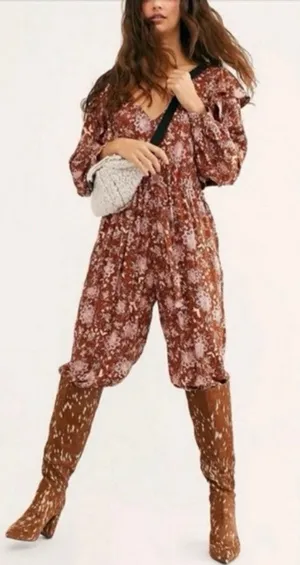NWOT Free people lux floral jumpsuit ruffle brown‎ pink Sz S thumbnail 1