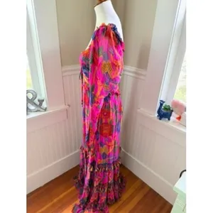 Farm Rio Sweet Forest Tiered Maxi Dress in Vibrant Pink Tropical Print Small thumbnail 14