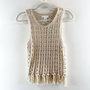 House of Harlow Wood Bead Beaded Fringe Hem Crochet Tank Top Tan XS thumbnail 2