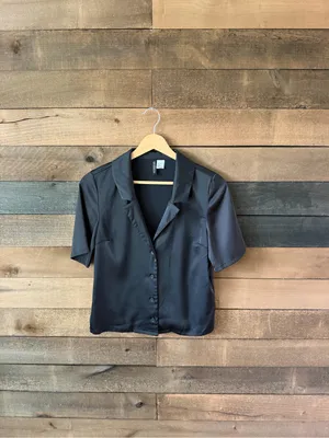 H&M Divided Black Satin Button Up Blouse Short Sleeve XXS thumbnail 6