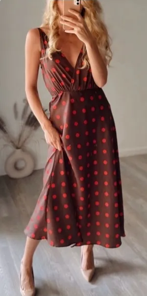 ZARA Brown & Red Polka Dot Sleeveless Midi Slinky Satin Slip Dress Size Small thumbnail 1