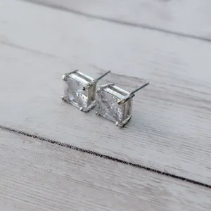 Vintage Stud Earrings Clear Square Gem 3/8" Silver thumbnail 3