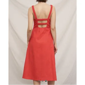 En Creme‎ Red Open Back Midi Dress Square Neck Ramie Cottagecore Boho Sz S thumbnail 4