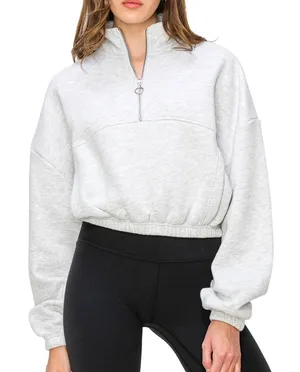 Lazy Sunday Half Zipped Cropped Sweatshirt Women’s Large Heather Gray Athleisure thumbnail 1