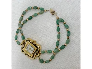 Women’s watch 21mm case quartz analog green gold tone beaded bracelet 7” running thumbnail 7