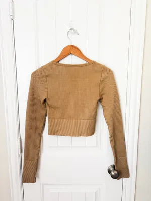 Aerie Offline Main Squeeze Waffle Crop Henley Tan Size XS/TP thumbnail 3