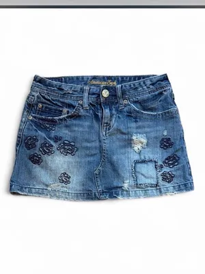 American Eagle Y2K Distressed Low Rise Denim Mini Skirt Embroidered Size 2 thumbnail 2
