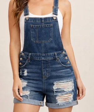 Denim Blue Distressed Short Overalls - Women thumbnail 1
