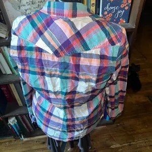American Eagle pink purple plaid M button down shirt thumbnail 2