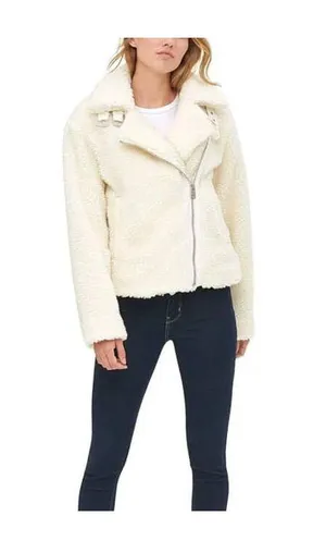 NWT Say What ? Fuzzy Ivory Sherpa Moto Jacket With Gold Zipper Size Small thumbnail 1