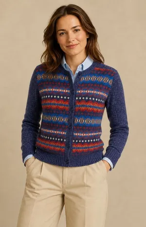 Vintage Fair‎ Isle Cardigan Sweater Navy Red Nordic Preppy Medium Heritage Knit thumbnail 1