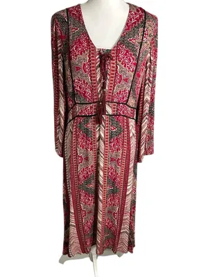 Reba Red & Brown Boho Tie-Front Long-Sleeve Midi Dress thumbnail 9