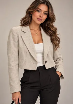 ZARA Beige Linen Blend Cropped Blazer Jacket Single Button Neutral Beige XS thumbnail 1