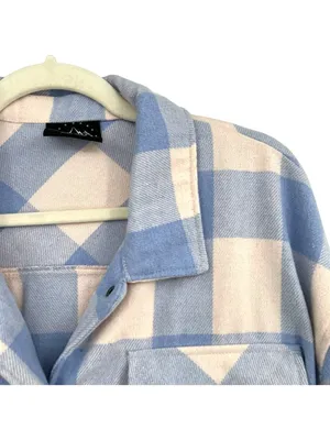 HFX Blue & Cream Plaid Long Sleeve Shacket Front Pockets Size Large thumbnail 3