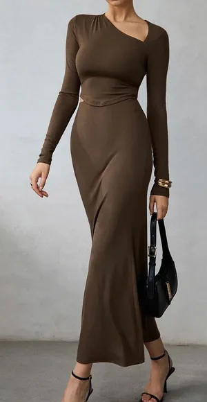 Commense Brown Asymmetrical Cropped Long Sleeve Top & Maxi Skirt Set XS NWT thumbnail 1