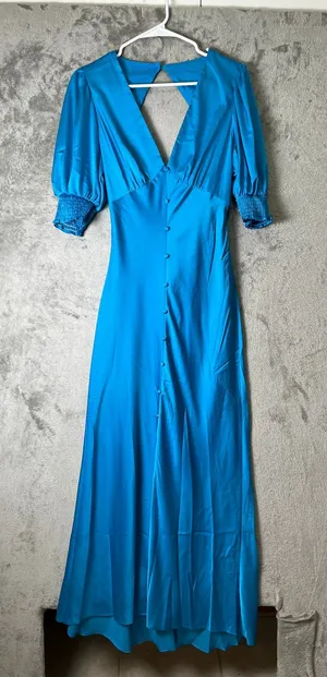 Petal + Pup Satin Maxi Dress Blue Open Back Puff Sleeve Formal Wedding‎ Med New thumbnail 1