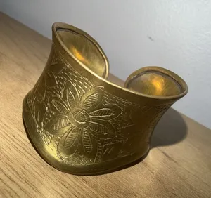 Vintage Hammered Brass Cuff Bracelet Asymmetrical Wide Boho Statement Floral thumbnail 1