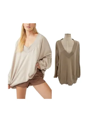 Free People Key Player Layer Sweatshirt Doe Oversized‎ V Neck Tunic Top Medium thumbnail 2