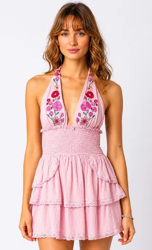 ✨ Olivaceous Size L Pink Floral Embroidered Halter Tiered Mini Dress 🌸✨‎ thumbnail 1