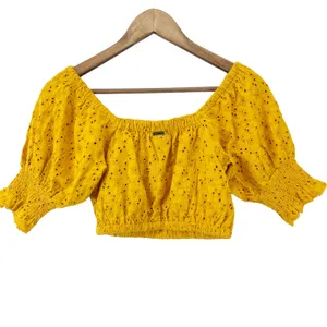 Billabong Womens S Summer Girl Crop Top Sunkissed Yellow‎ Embroidered Eyelet thumbnail 4