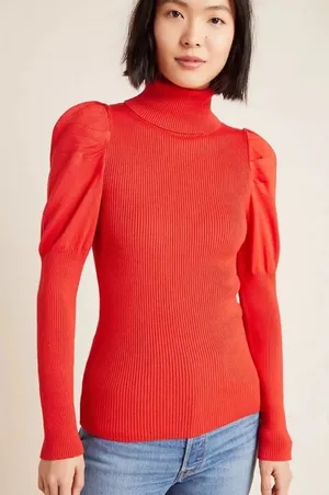 Anthropologie Cecilia Ribbed Puff Sleeve Turtleneck Sweater Red size Medium thumbnail 1