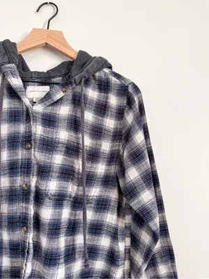 American Eagle Plaid Button Down With Hood Blue Size Small thumbnail 3