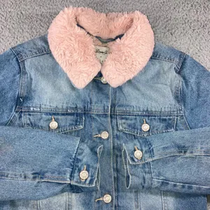 Y2K Longline Denim Jacket Women 4 Pink Faux Fur Collar Fleece Lined Boyfriend thumbnail 9