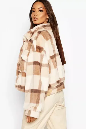 Boohoo Beige Plaid/check Fur Trucker Jacket thumbnail 4