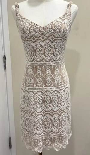 VTG 90s NiteLine White Lace Beaded Tan Mini Dress 2‎ Bridal Goth Witchy Coquette thumbnail 1