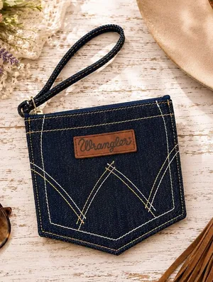 Wrangler‎ Denim Pocket Wristlet Pouch Dark Wash Cotton Blue Western Americana thumbnail 1